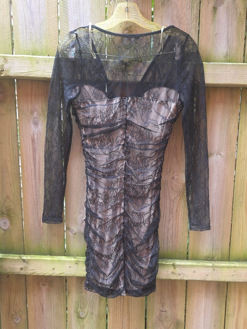 Black Lace Ruched Long Sleeve Dress